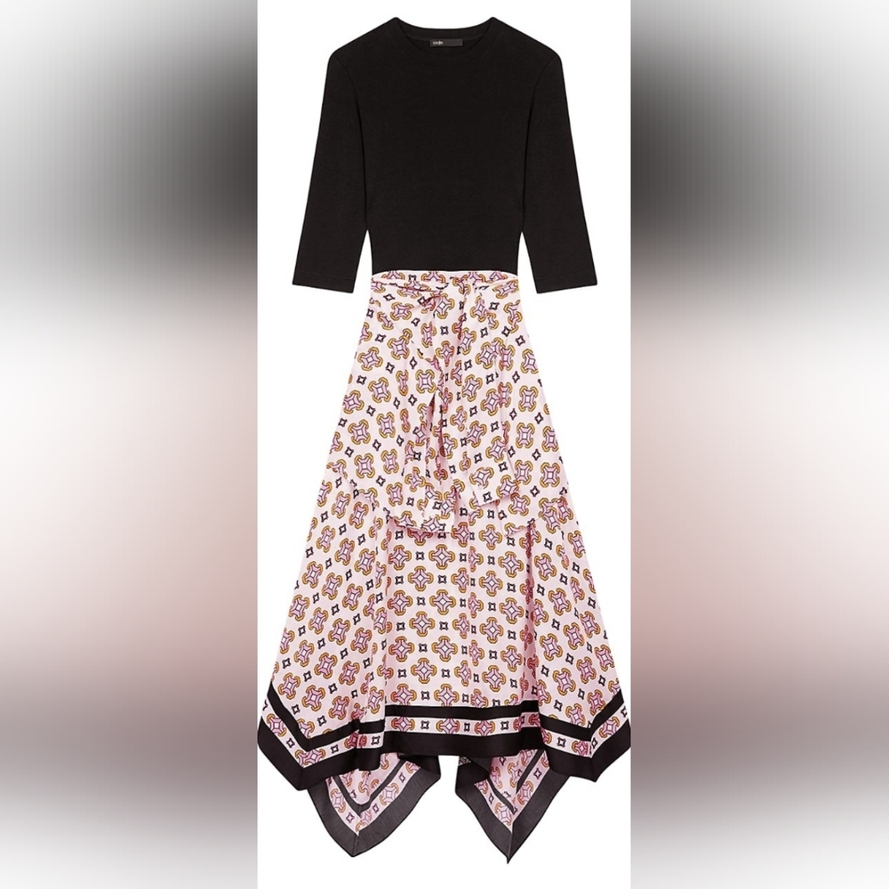 Maje Black Top with Pink Printed Handkerchief-Hem Skirt